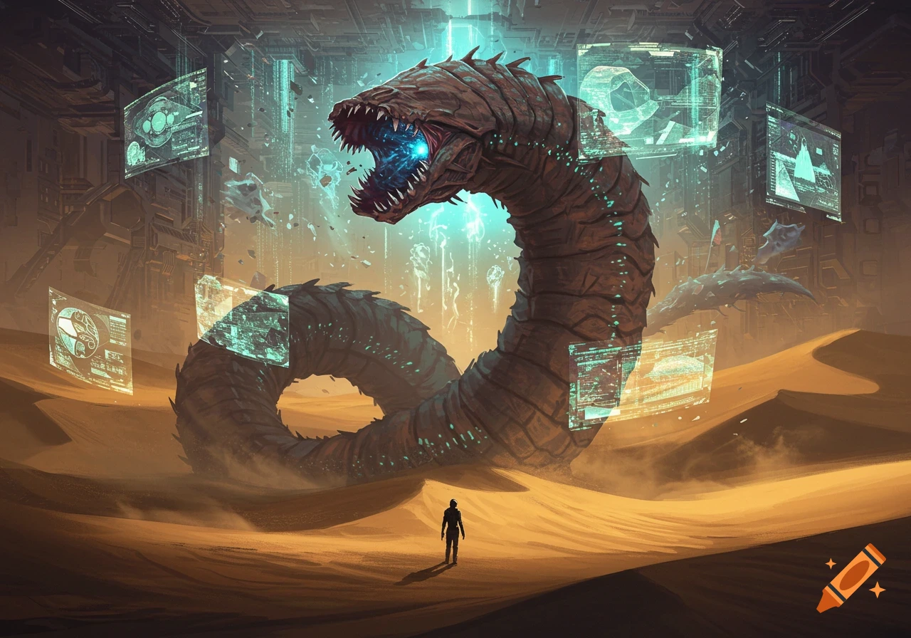 A colossal segmented worm-like creature rises from a sandy desert, surrounded by glowing virtual screens, with a lone person standing in the foreground. Digital art.