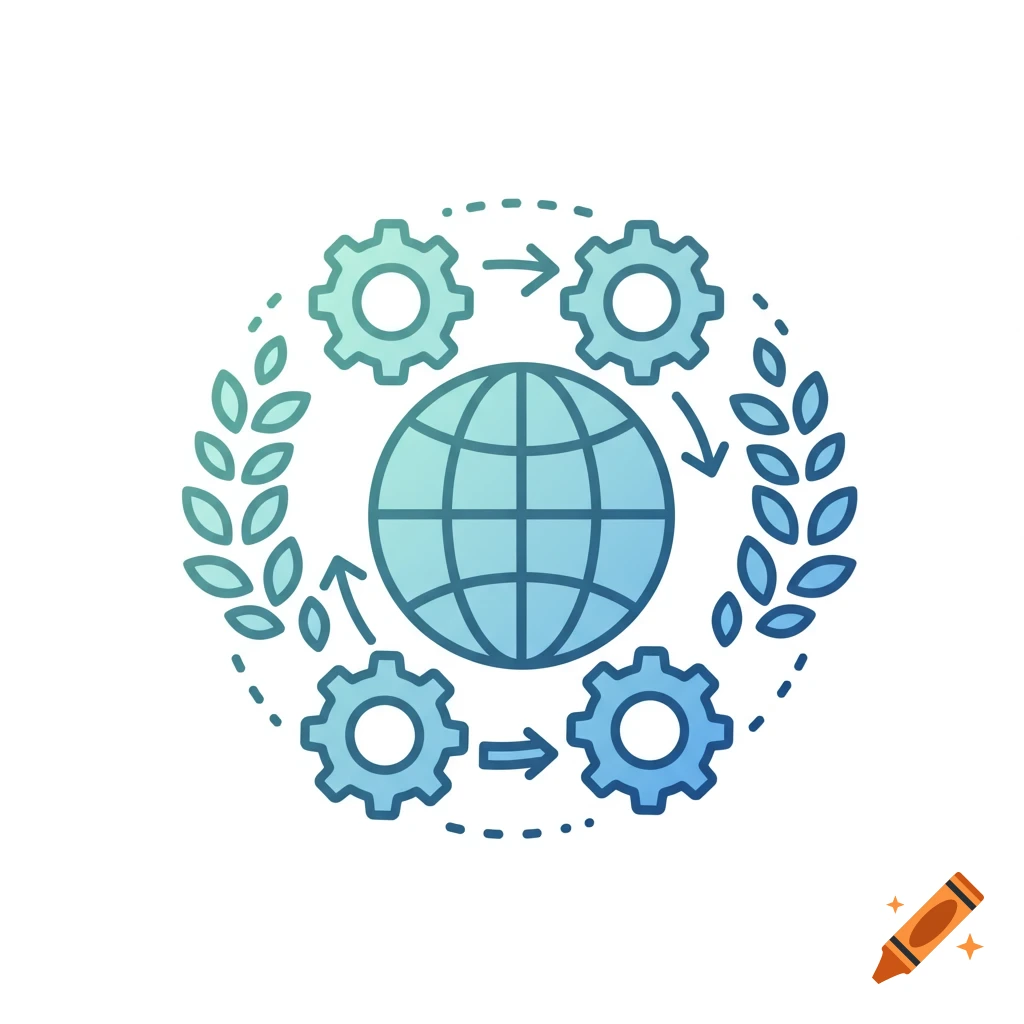 Gradient blue and green icon depicting a globe surrounded by gears, arrows, and leaves.
