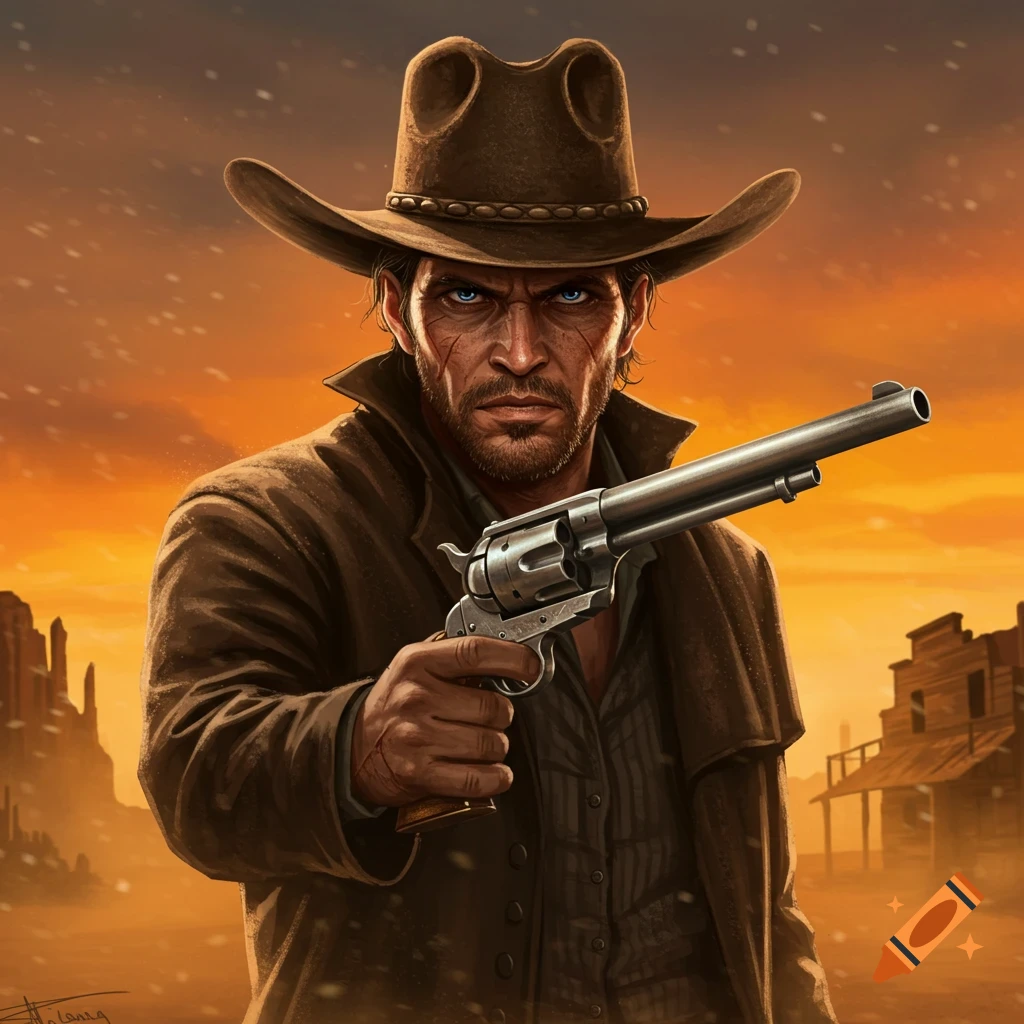 A rugged gunslinger with blue eyes and facial scars holds a revolver, glaring forward in a digital painting of a western town at sunset.