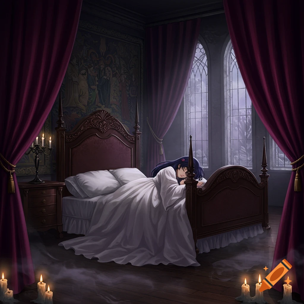 Anime girl in a white gown sleeps peacefully in a dark, ornate gothic bedroom with candles and large windows.