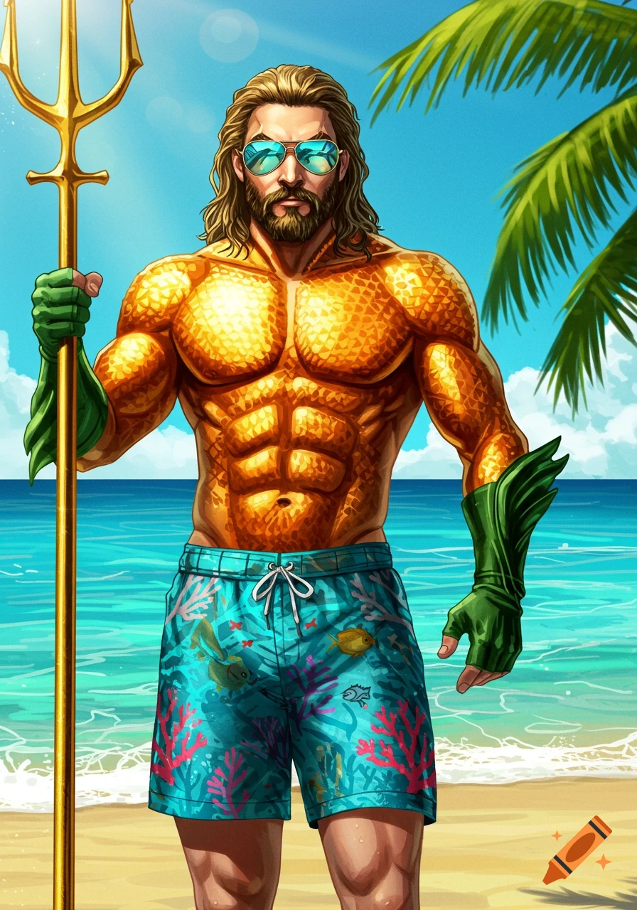 Muscular Aquaman with long hair, beard, sunglasses, swim shorts, and a golden trident, standing on a sunny beach.