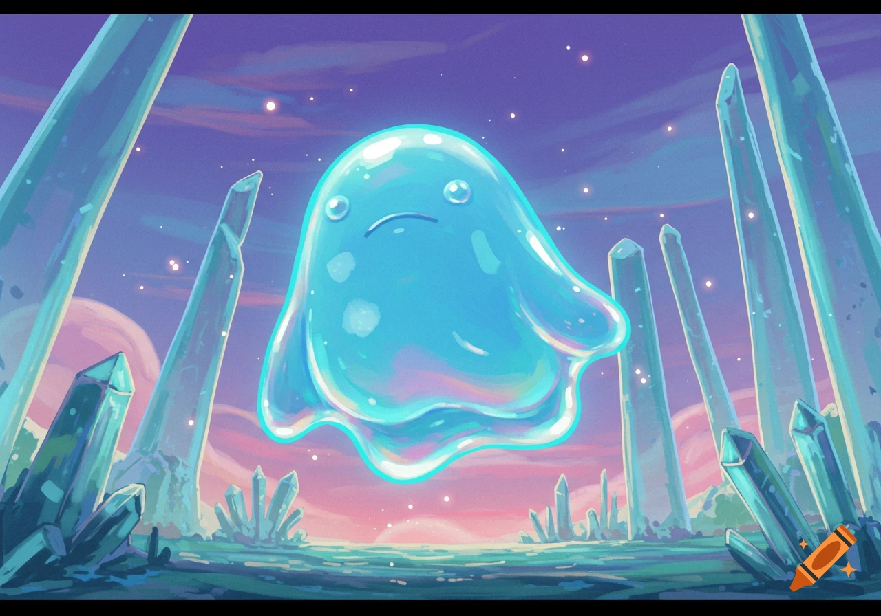 A whimsical blue blob creature floats in a fantasy landscape with glowing crystals and a pink and purple sky.