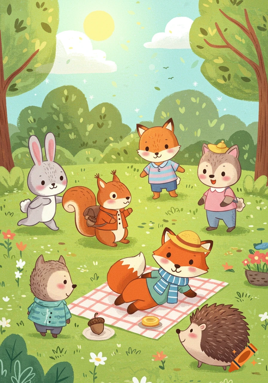 Cute cartoon animals like foxes, a rabbit, squirrel, and hedgehogs picnic in a sunny park. Children's illustration.