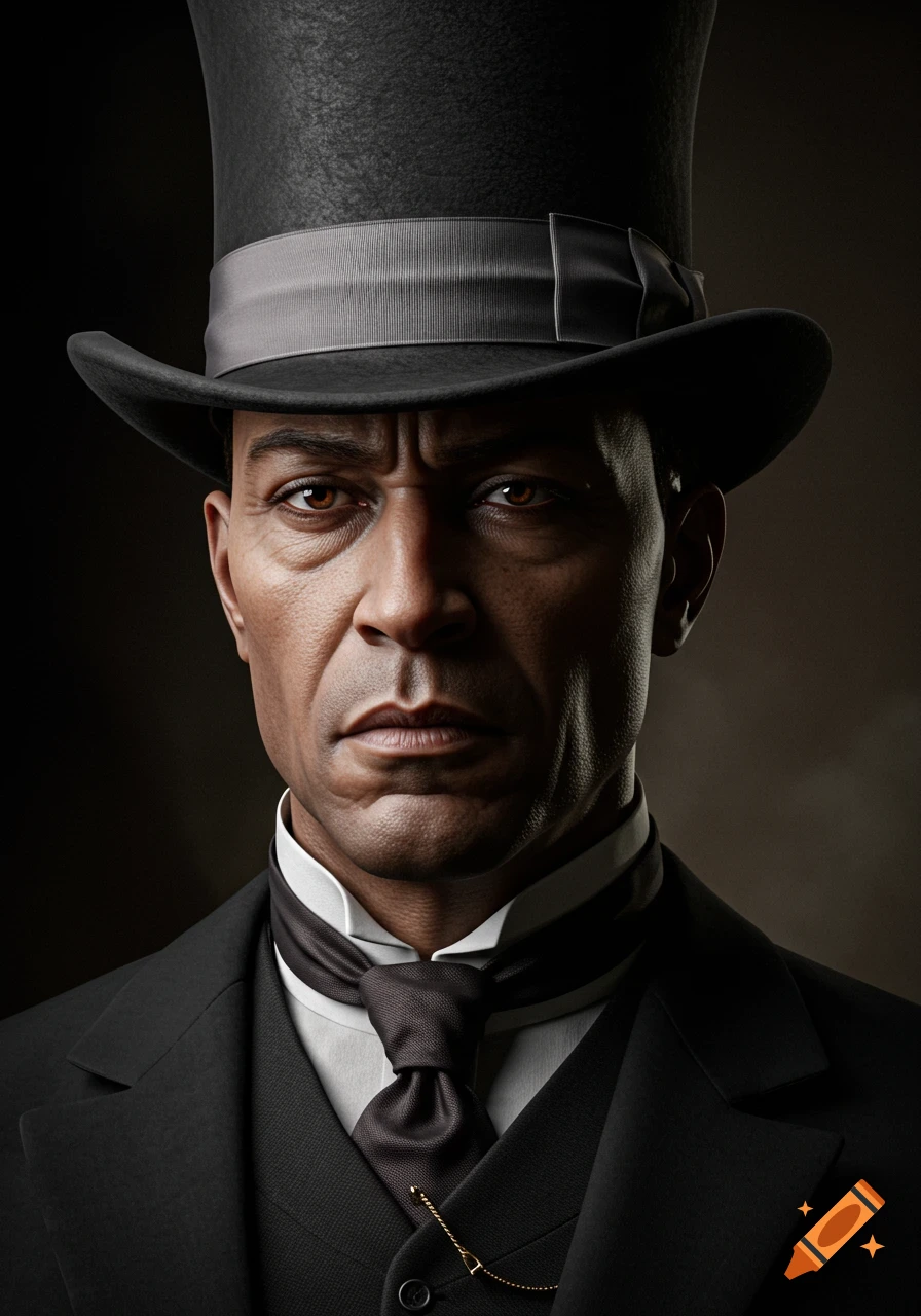 Photorealistic portrait of a serious man in a black top hat and suit.