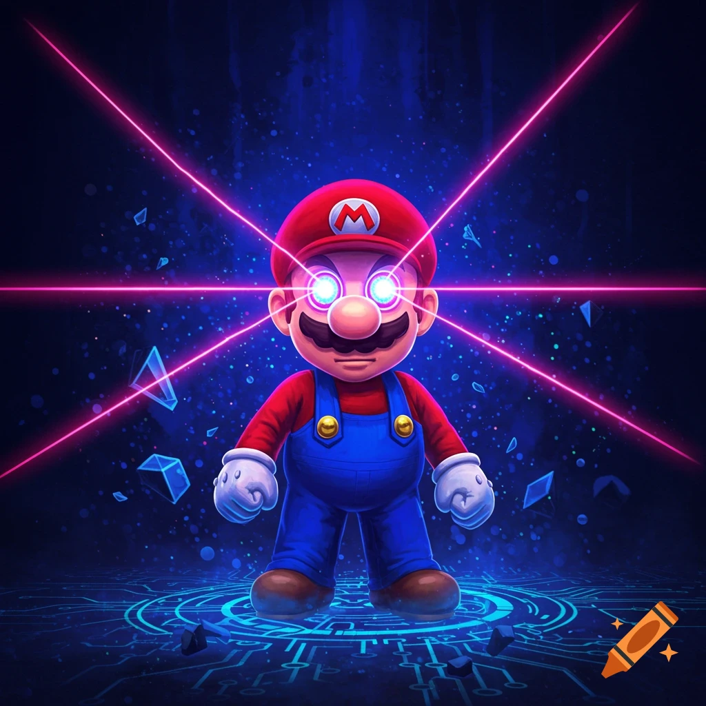 Mario with glowing laser eyes stands on a circuit board pattern with neon pink light beams against a dark blue background.