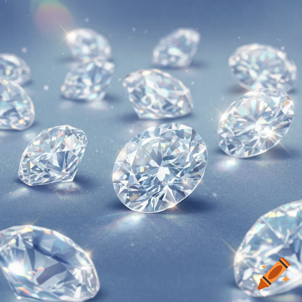 Sparkling oval-cut diamonds scattered on a light blue surface, glowing with light.