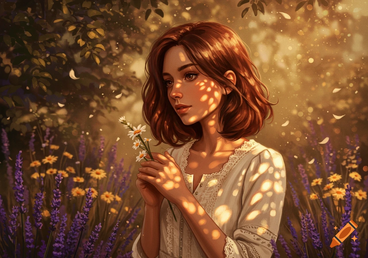 Illustration of a young woman with brown hair holding daisies in a sun-dappled field of lavender and wildflowers.