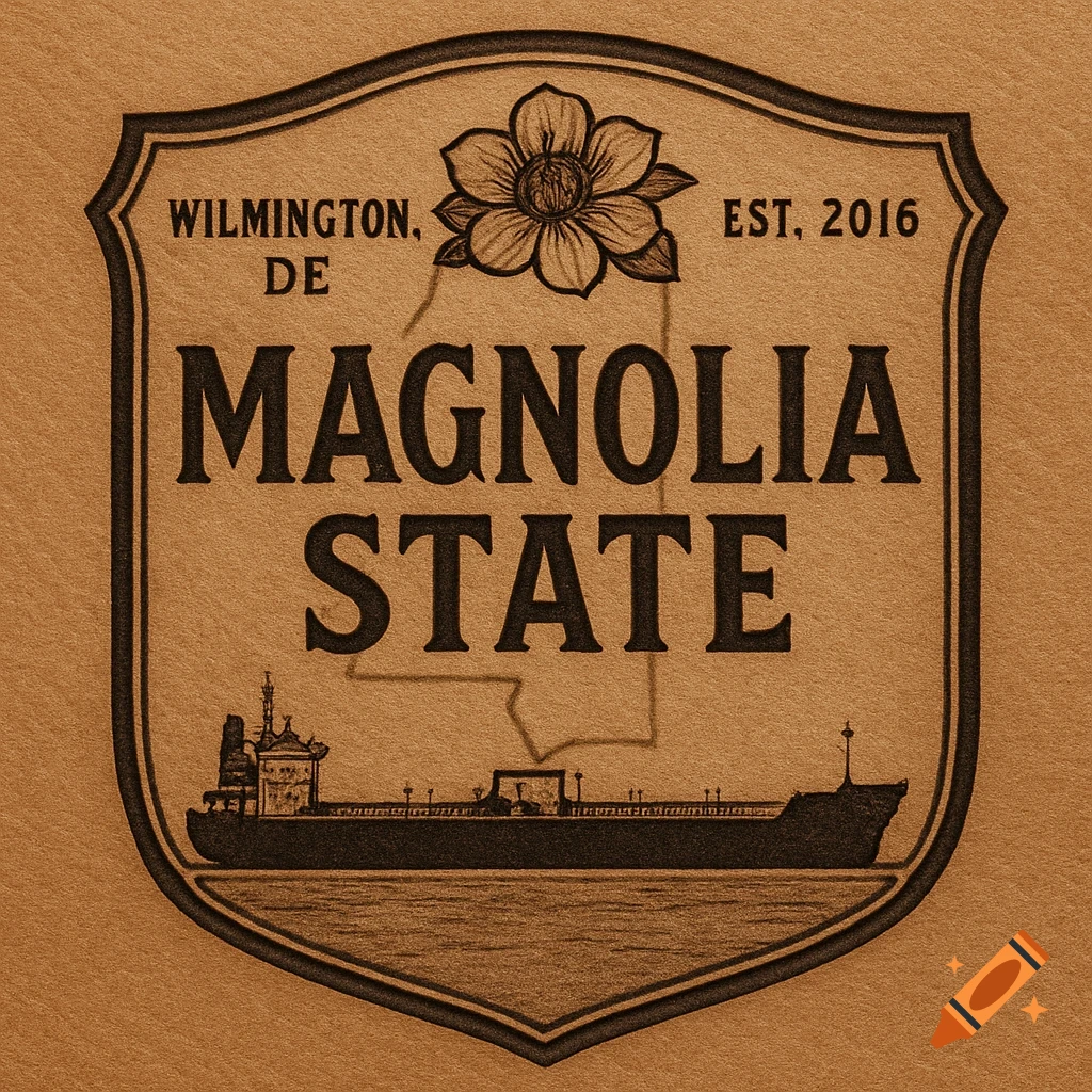 Vintage leather shield logo with 'Magnolia State' text, a tanker ship, magnolia flower, and a Mississippi state outline.