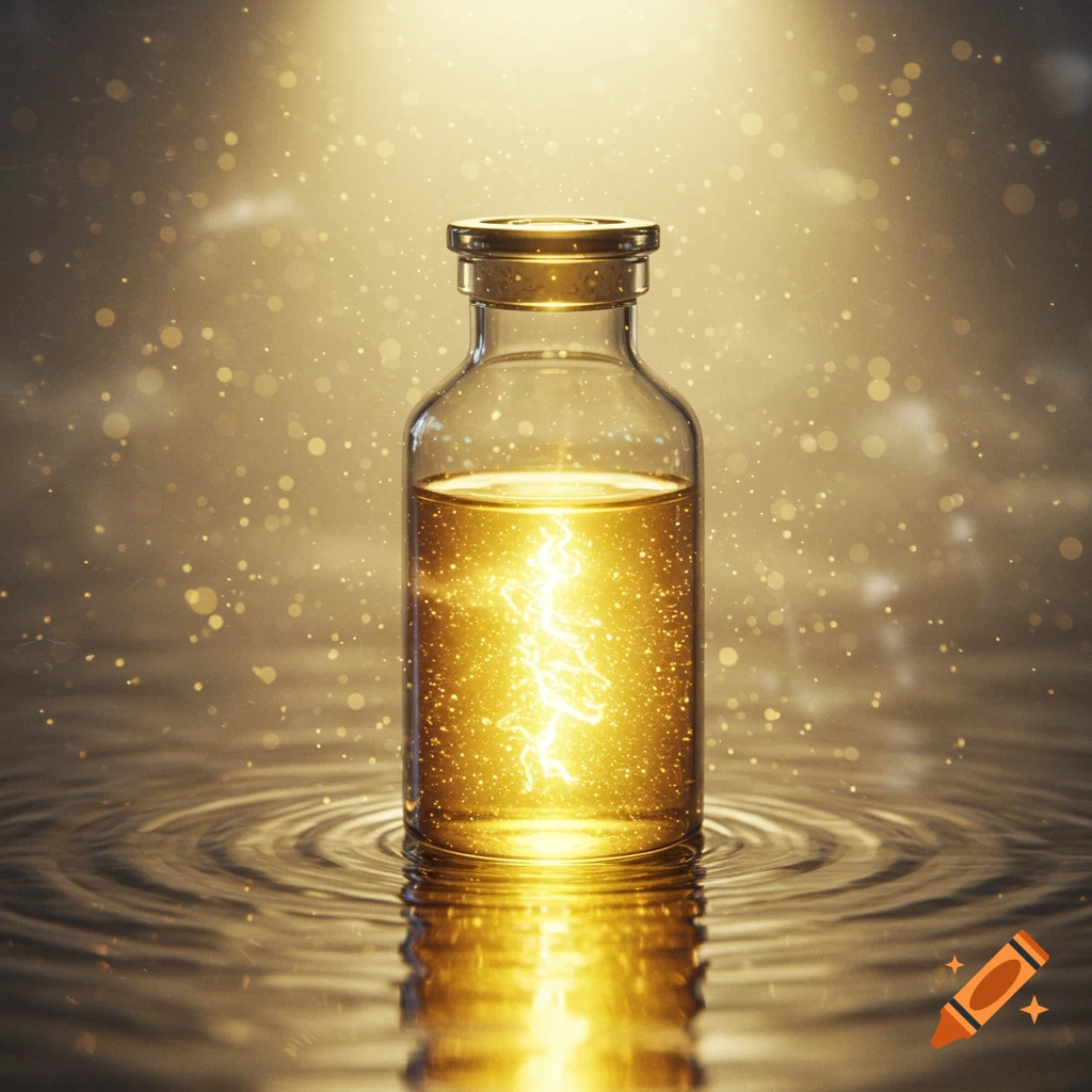 A glass medical vial filled with glowing golden liquid and a lightning bolt, standing in rippling golden water.