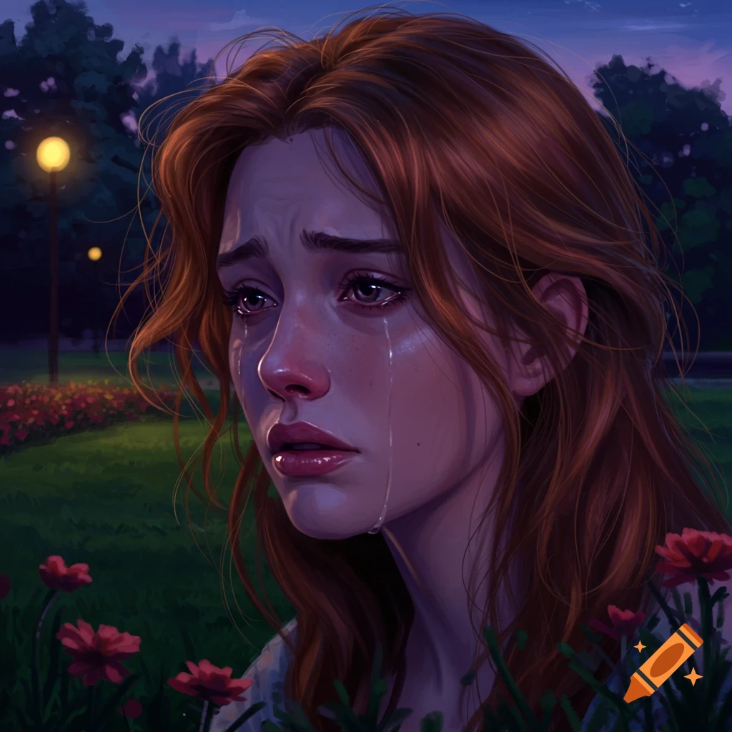 Digital art portrait of a crying young woman with red hair, tears on her face, in a dimly lit park at dusk with flowers.