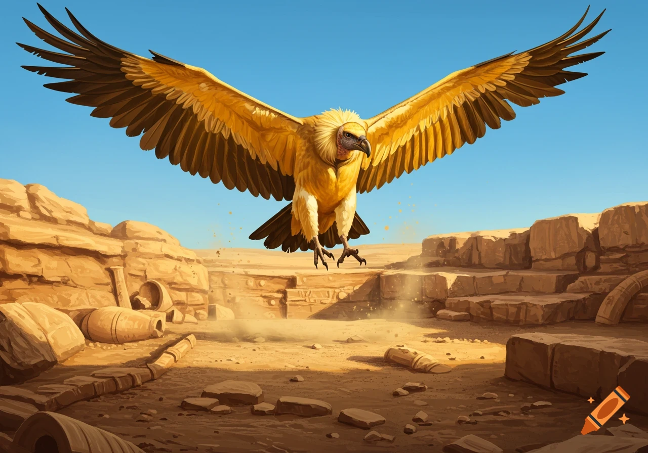 A large yellow vulture with outstretched wings descends into a sandy desert archaeological dig site, strewn with broken pottery and stone ruins.