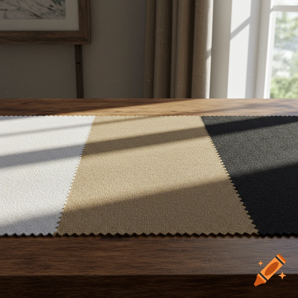 White, tan, and black fabric swatches on a wooden table with sun shadows from a window.