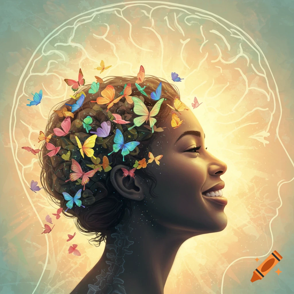 Smiling woman in profile with colorful butterflies around her head, against a glowing background with a brain outline.