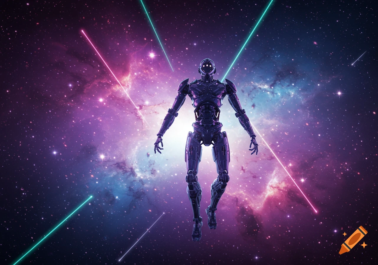 A detailed, futuristic robot floats amidst a vibrant purple and blue galaxy with stars and neon light beams.