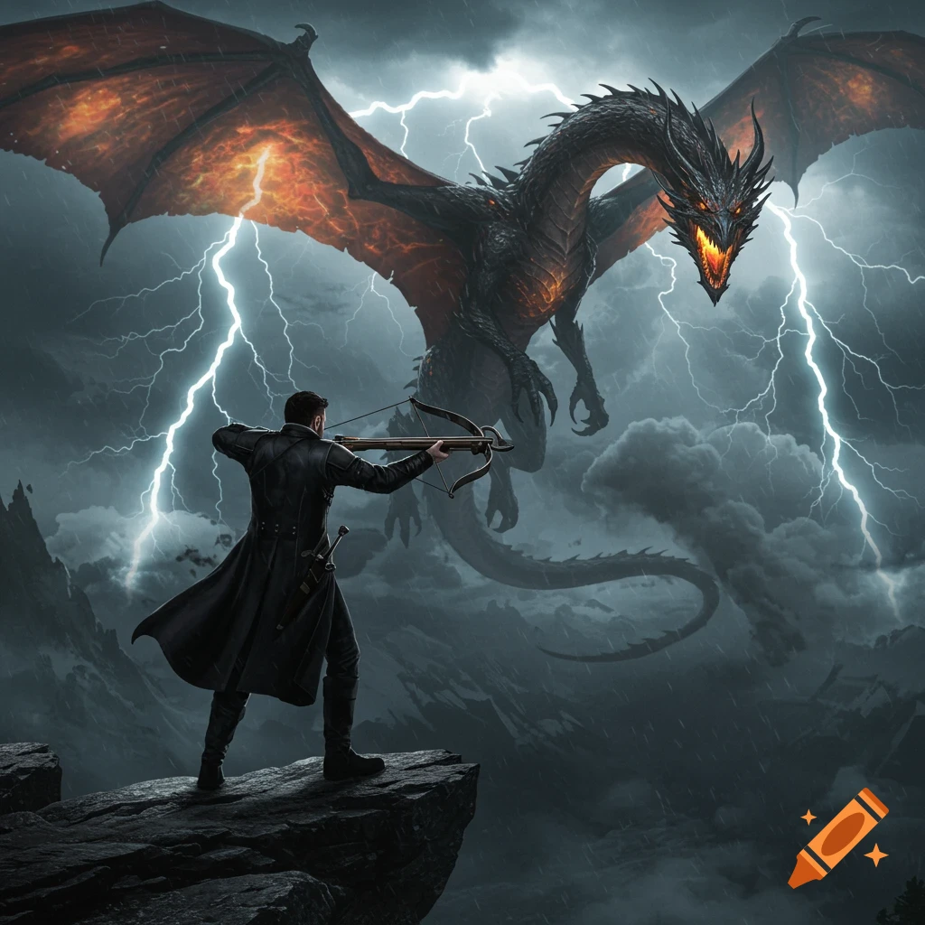 A man in a black coat with a crossbow aims at a huge, fiery-mouthed dragon flying through a lightning storm over mountains.