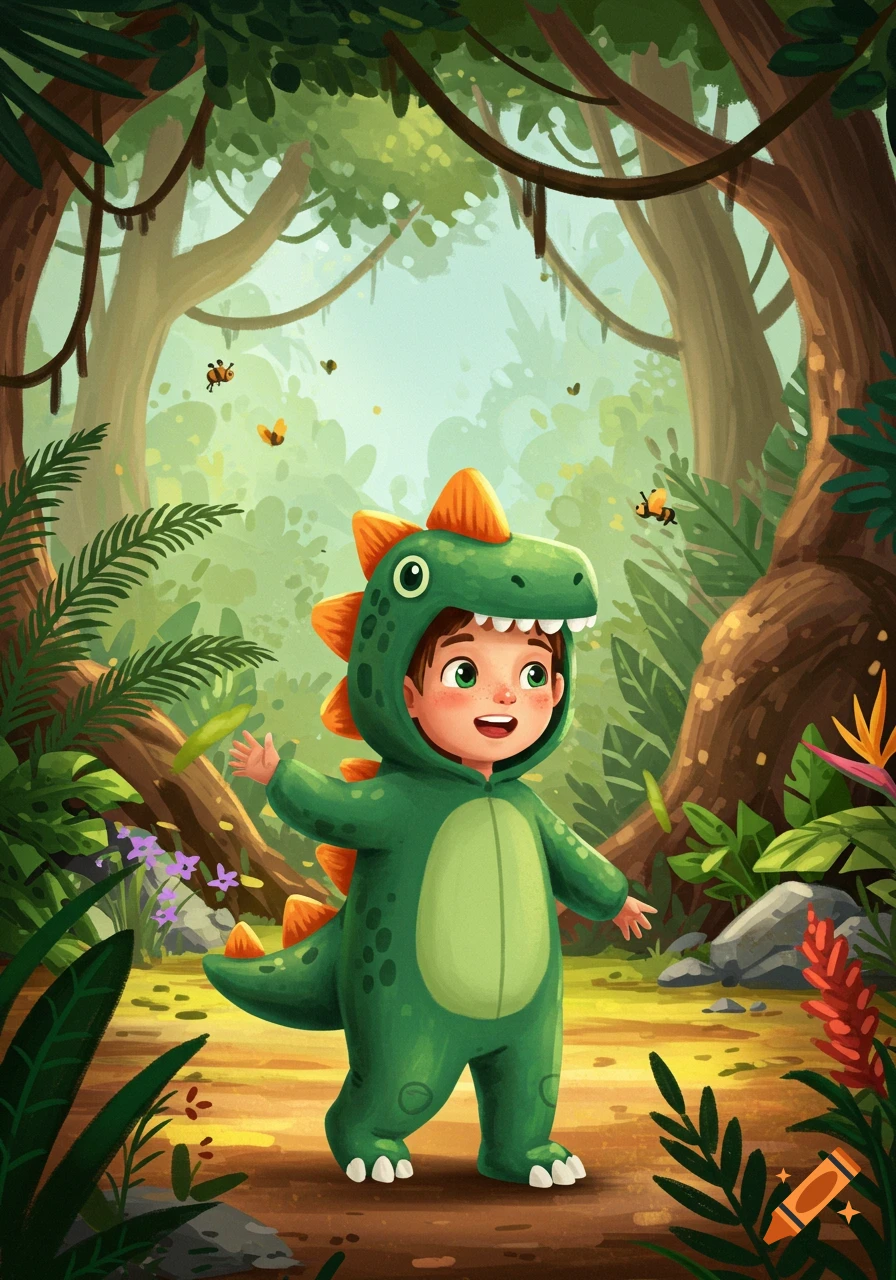 A cheerful child in a green dinosaur costume stands in a lush jungle setting, cartoon illustration.