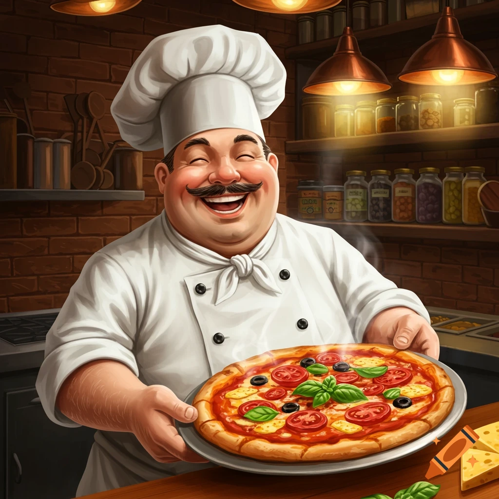 A cheerful, portly chef with a mustache, wearing a white uniform, grins while holding a freshly baked pizza in a rustic kitchen.