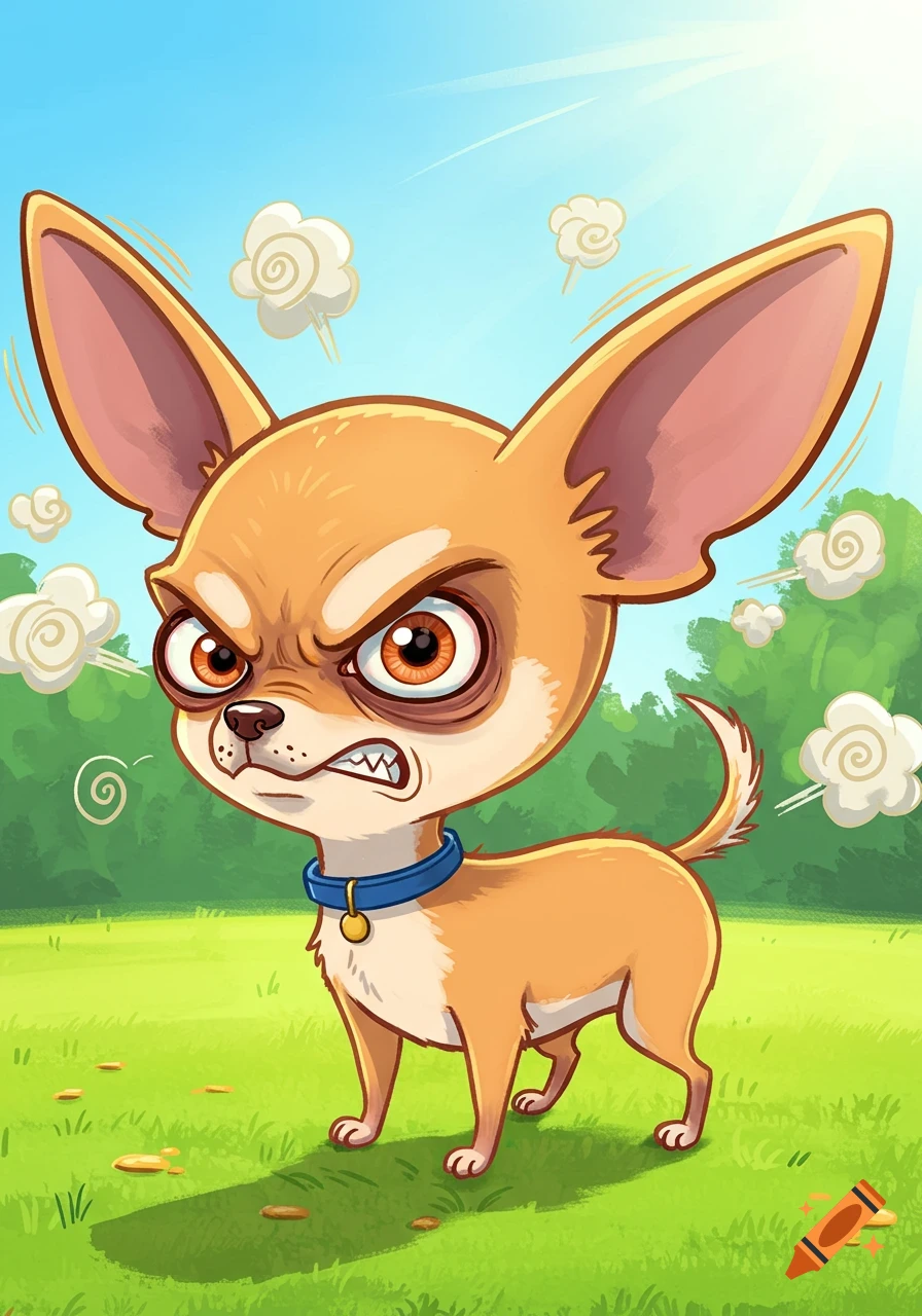 An angry cartoon chihuahua with large ears and bared teeth, wearing a blue collar, standing on green grass under a bright blue sky.