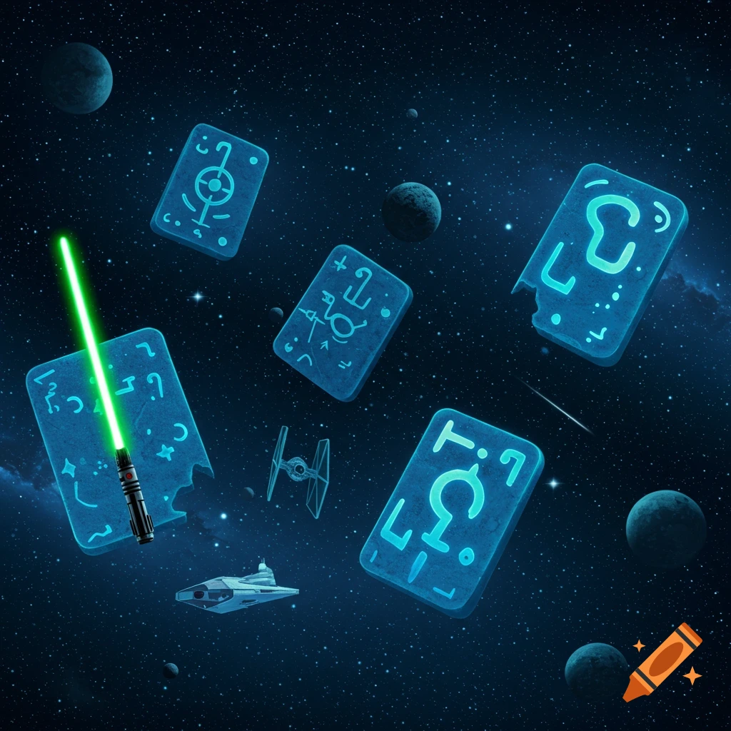 A green lightsaber, TIE fighter, spacecraft, and glowing alien tablets float in a dark starfield with planets.