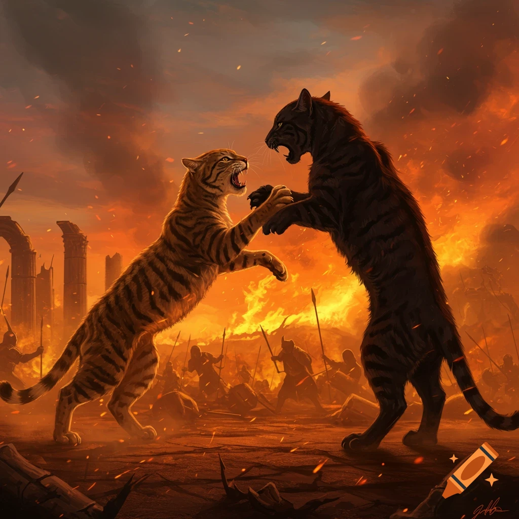 Two tigers clash on a fiery battlefield with ancient ruins and silhouetted warriors under a smoke-filled, orange sky.