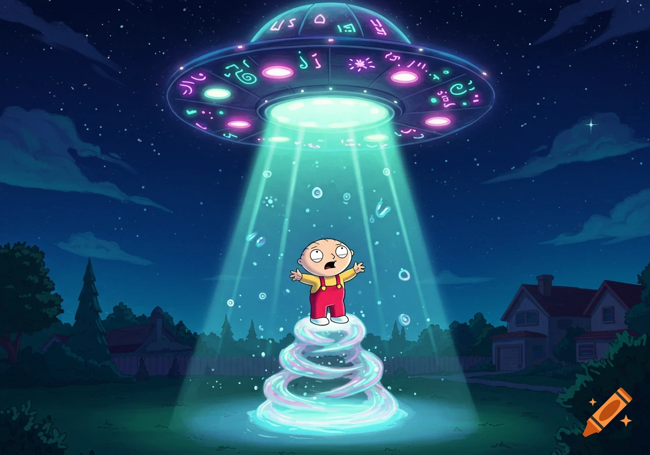 Stewie Griffin stands on a swirling beam of light, looking up at a detailed alien spaceship with glowing symbols at night.