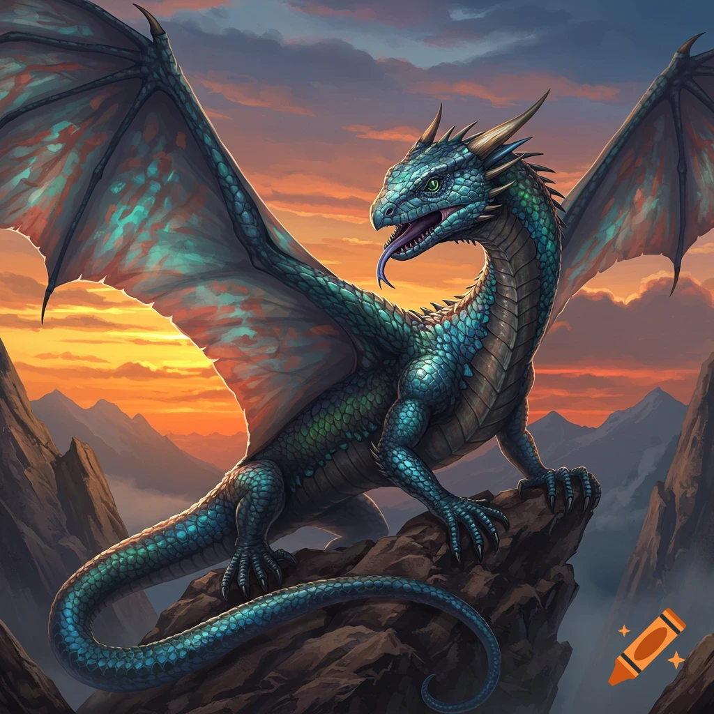 A majestic blue-green scaled dragon with a blue tongue perched on a rocky cliff against a vibrant sunset sky.