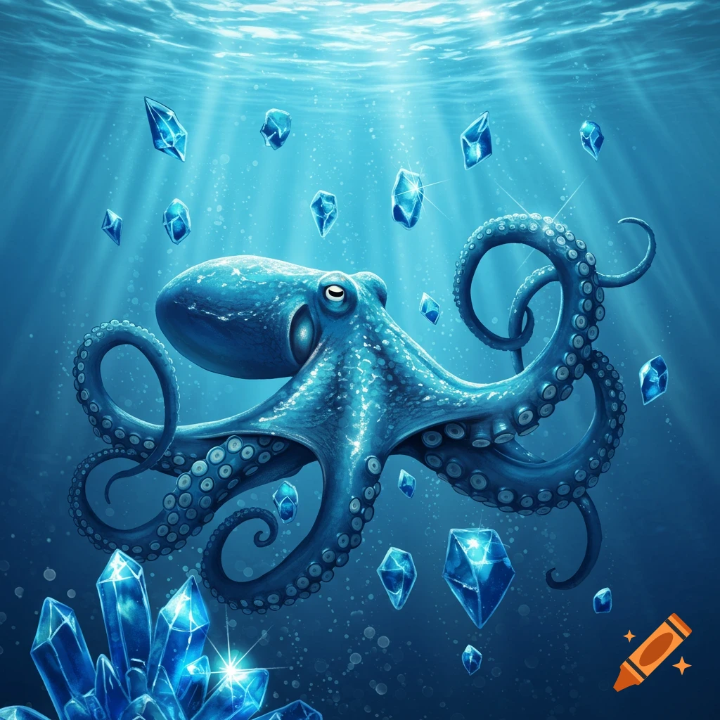 A blue octopus swims in a vibrant blue underwater scene, surrounded by sparkling blue crystals and light rays from the surface.