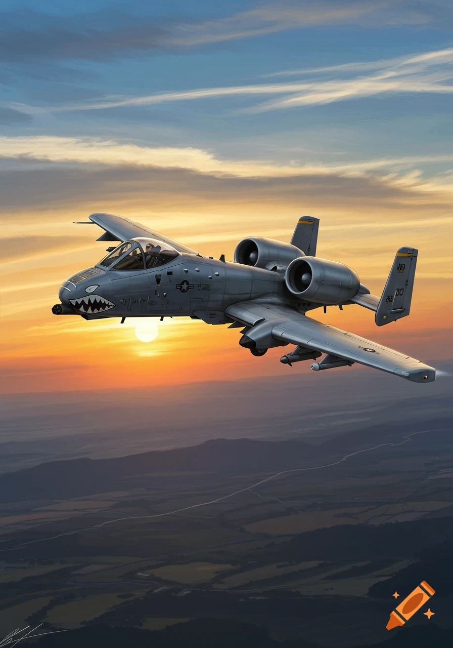 A photorealistic A-10 Warthog military jet with shark teeth livery flies over a landscape at sunset.