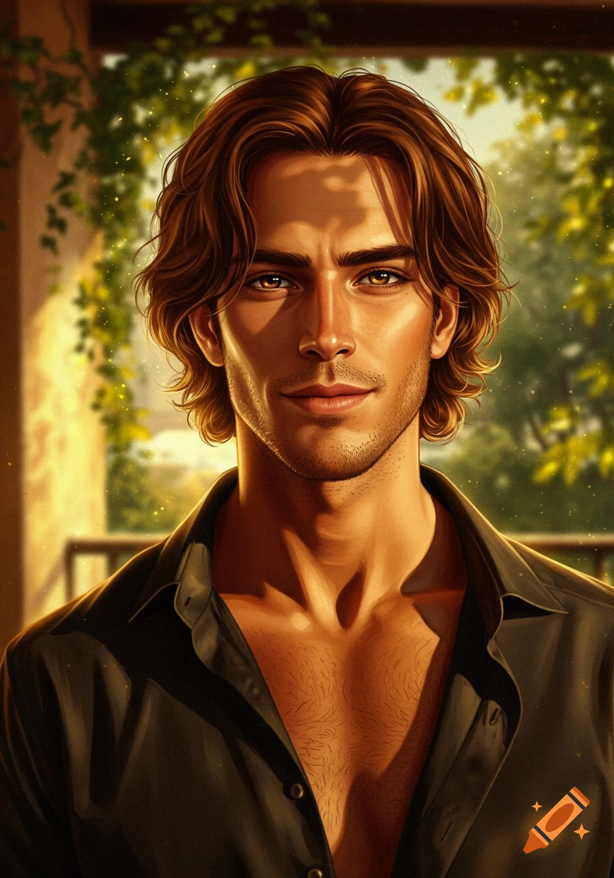 Digital painting of a man with wavy brown hair, honey eyes, and an unbuttoned black shirt, backlit by sunlight and foliage.