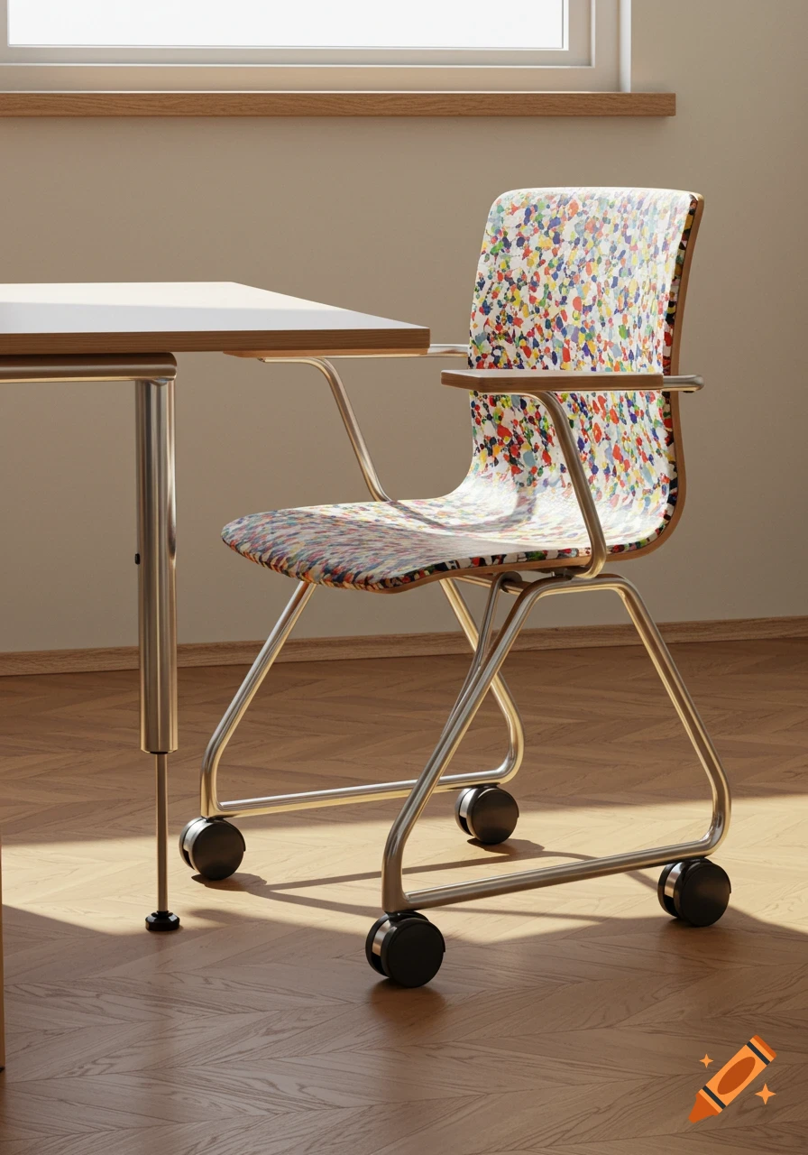 A colorful speckled chair with a chrome frame and wheels is positioned next to a table in a room with a window and wooden floor.
