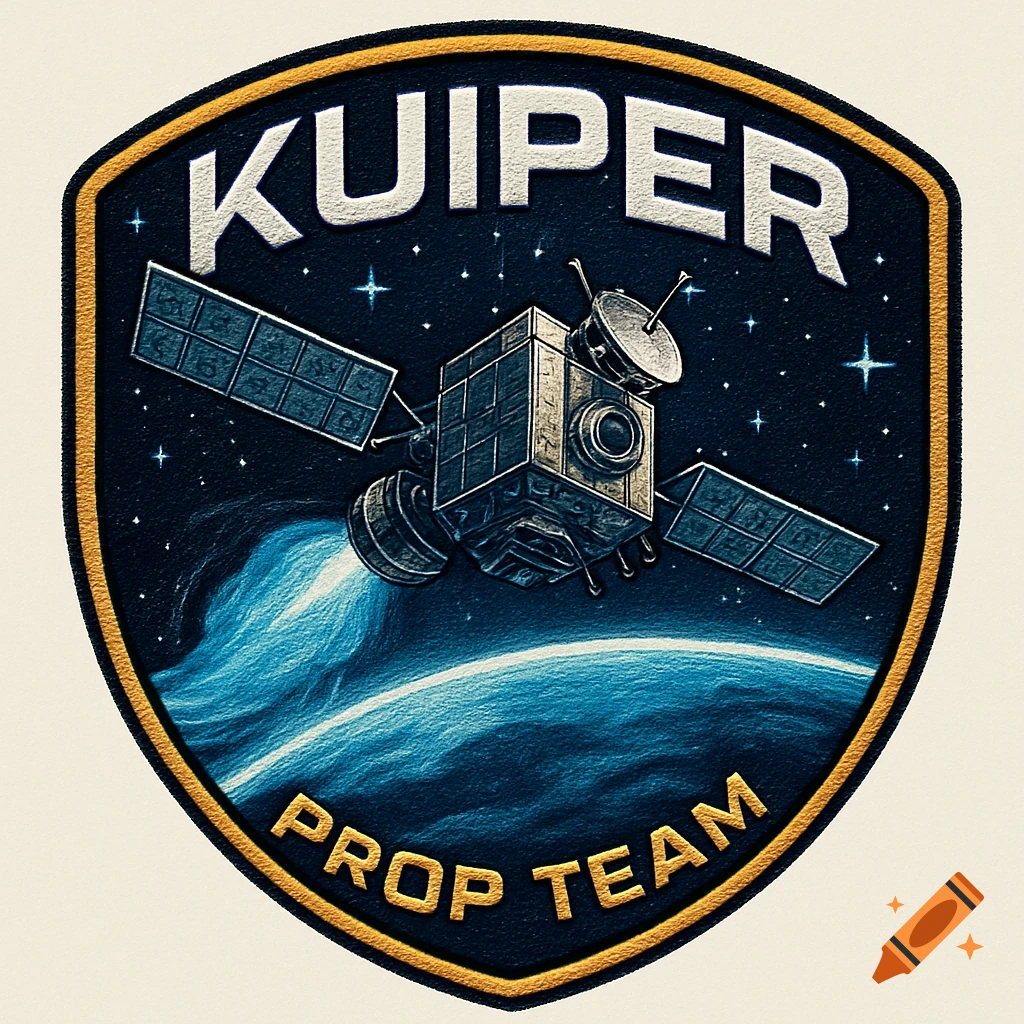 A space mission patch with a satellite, blue thruster plume, and Earth, text reads "KUIPER" and "PROP TEAM".