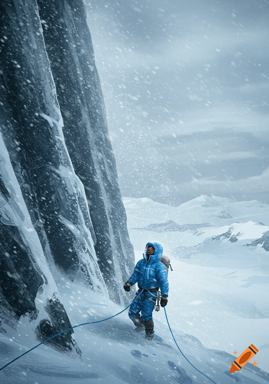 A lone climber in blue gear ascends a snowy mountain during a blizzard, with icy peaks in the background.