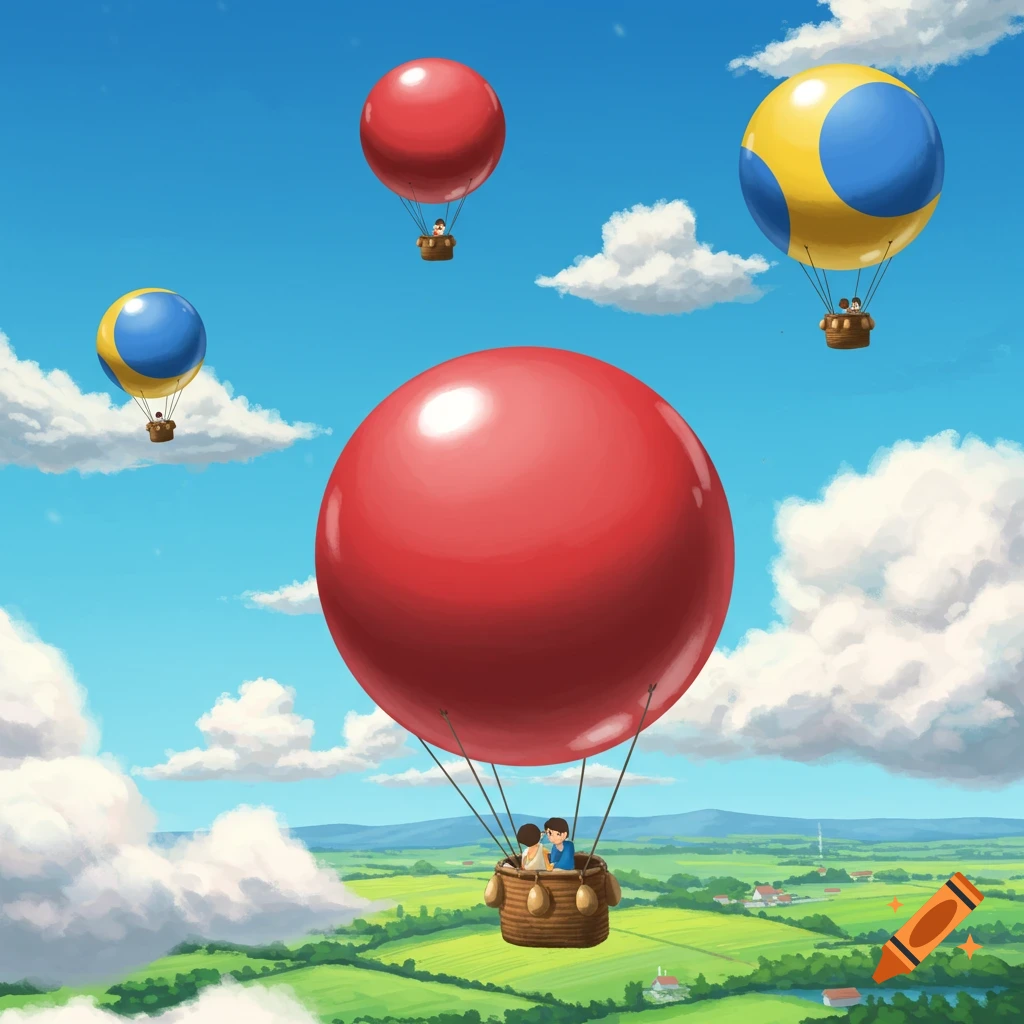 A couple in a hot air balloon floats above a green landscape with other balloons in a clear blue sky, in an illustration style.