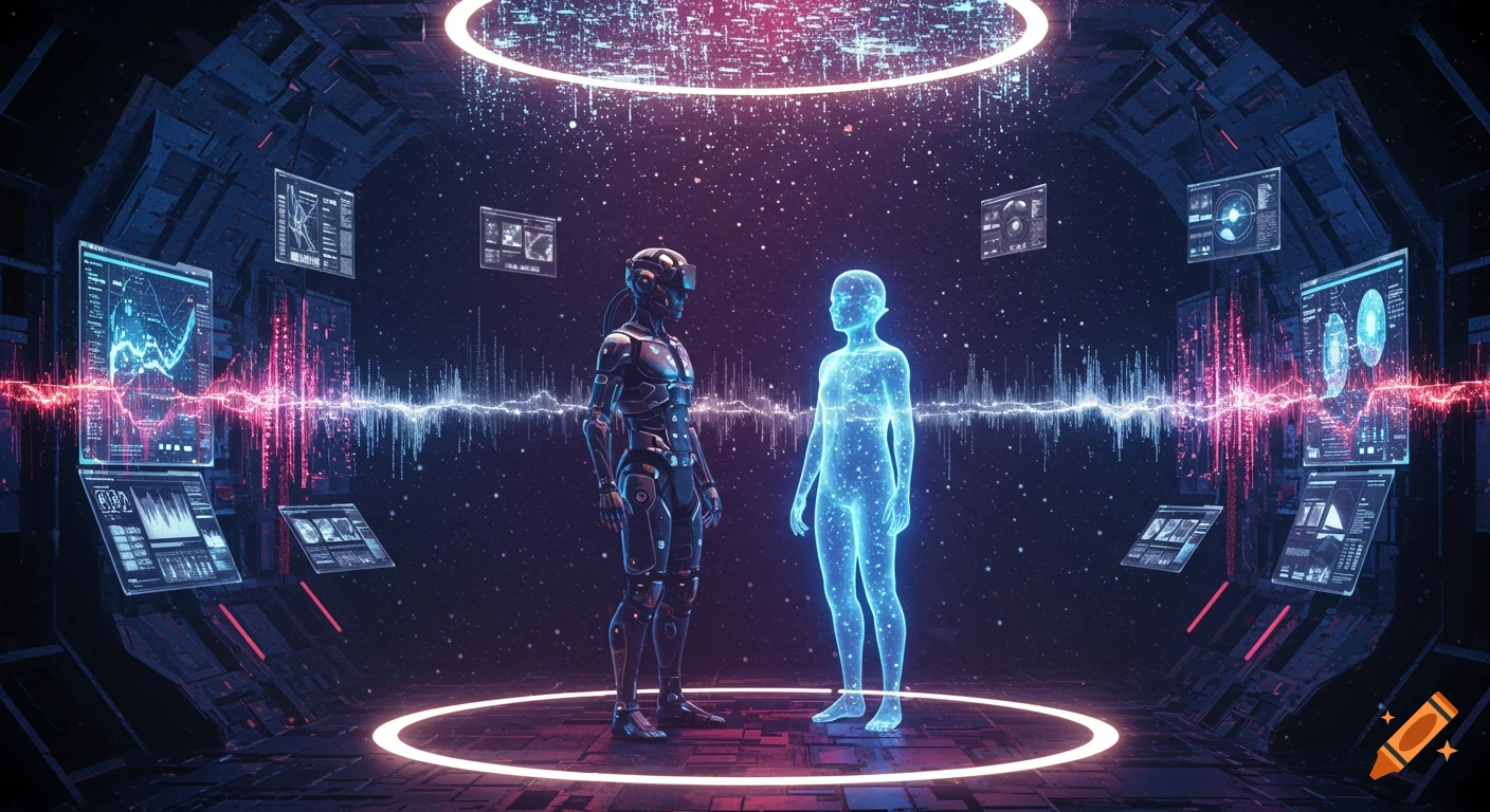 A robot and a glowing blue digital human face each other in a futuristic, data-filled chamber.