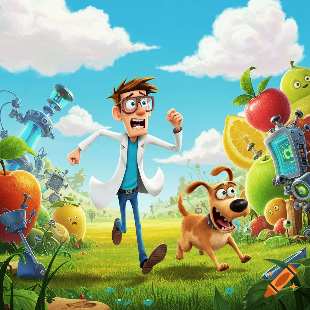 A cartoon scientist and a dog run frantically through a grassy field with anthropomorphic fruit and sci-fi devices.