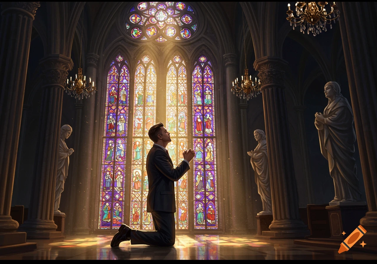 A man in a suit kneels and prays in a grand church, illuminated by sunlight through vibrant stained glass windows.
