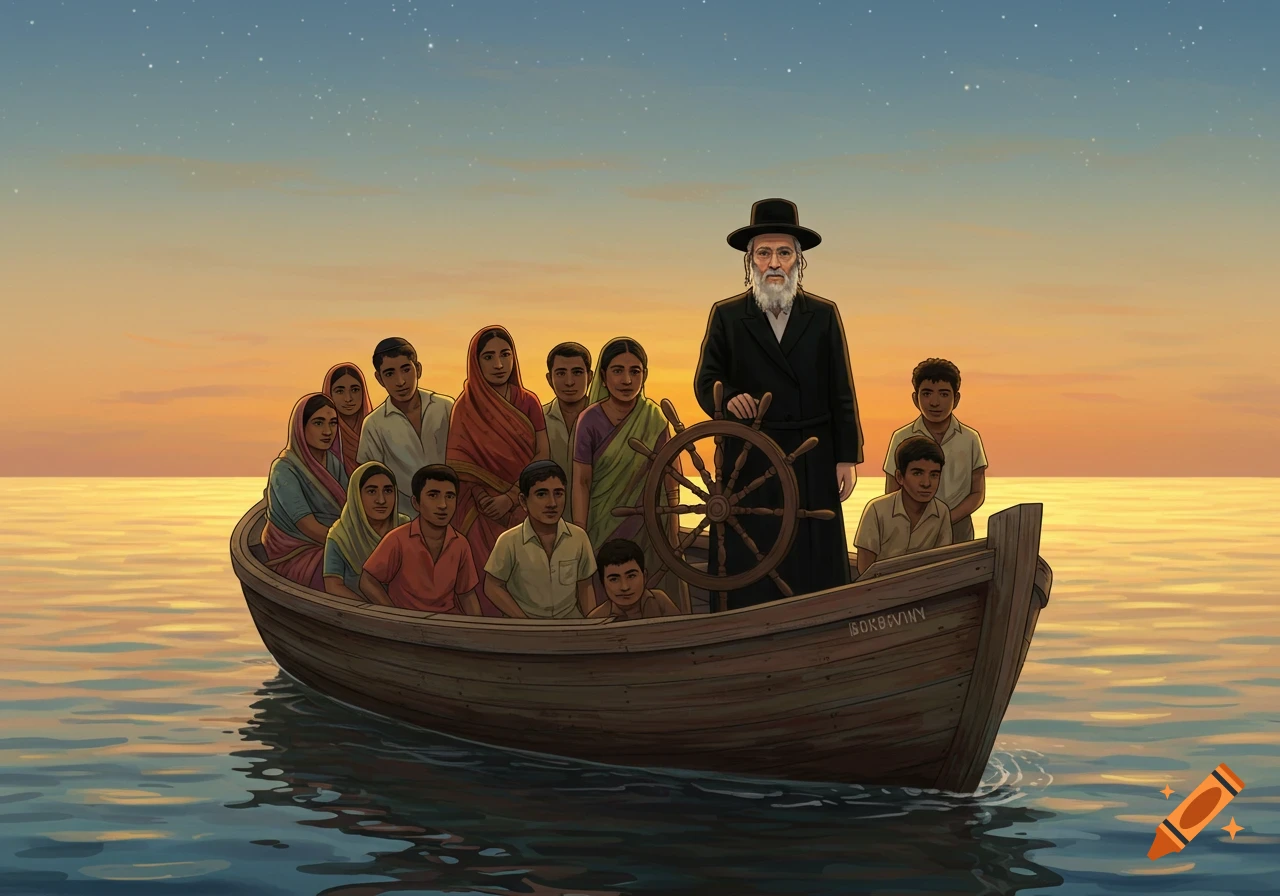 An illustration of an Orthodox Jew steering a boat filled with Indian immigrants on calm water at sunset.