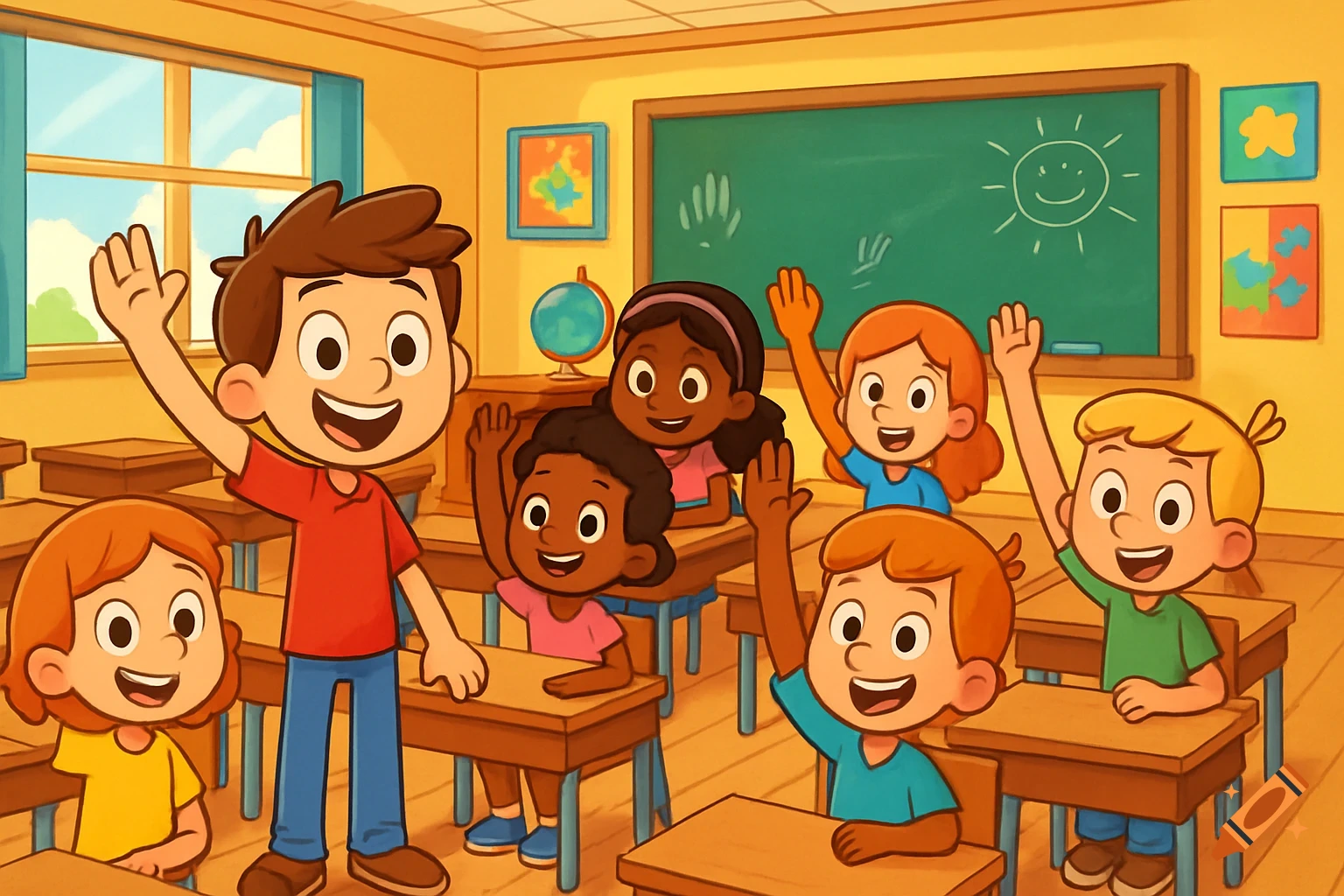 A cheerful cartoon classroom scene with diverse children raising their hands, a boy in a red shirt stands among them. A chalkboard and posters are in the background.
