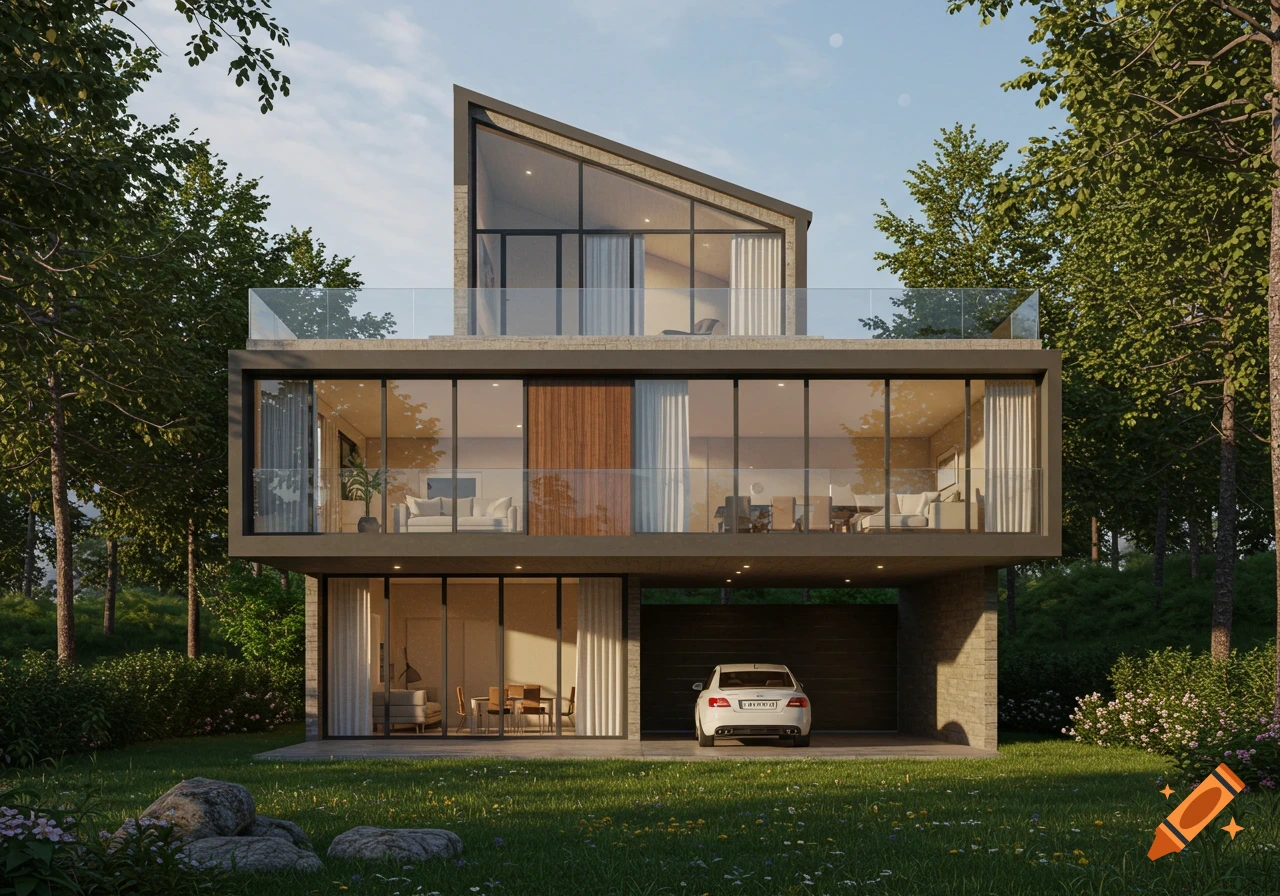 A photorealistic render of a modern two-story house with large windows, a gabled roof, and a garage with a white car, surrounded by trees and a green lawn.
