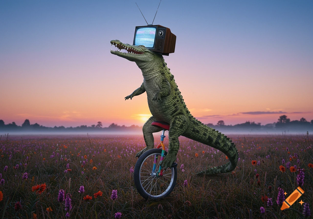 A photorealistic crocodile with a static TV on its head rides a unicycle in a flower-filled field at sunset.
