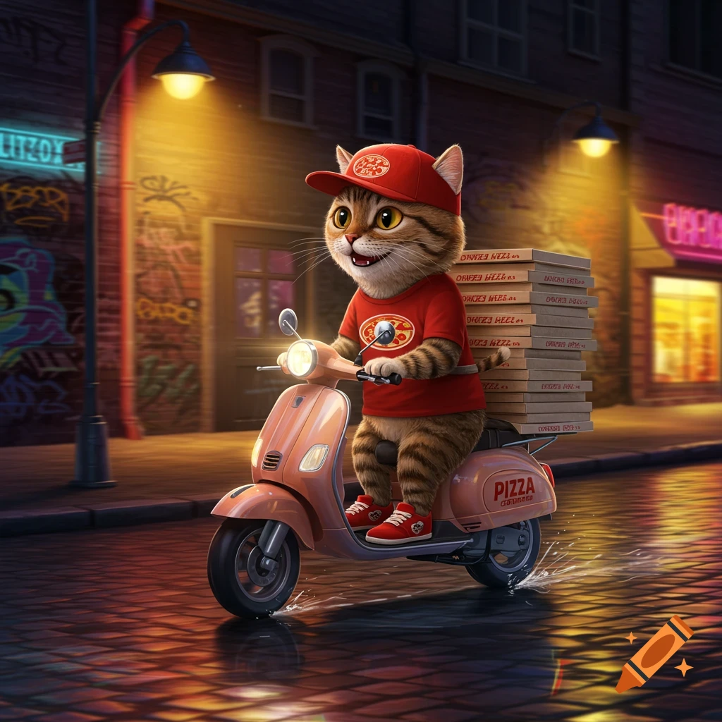 A smiling, anthropomorphic tabby cat in a red cap and t-shirt rides a peach-colored scooter, delivering a tall stack of pizza boxes at night on a wet street. The scene is brightly lit by streetlights and neon signs.