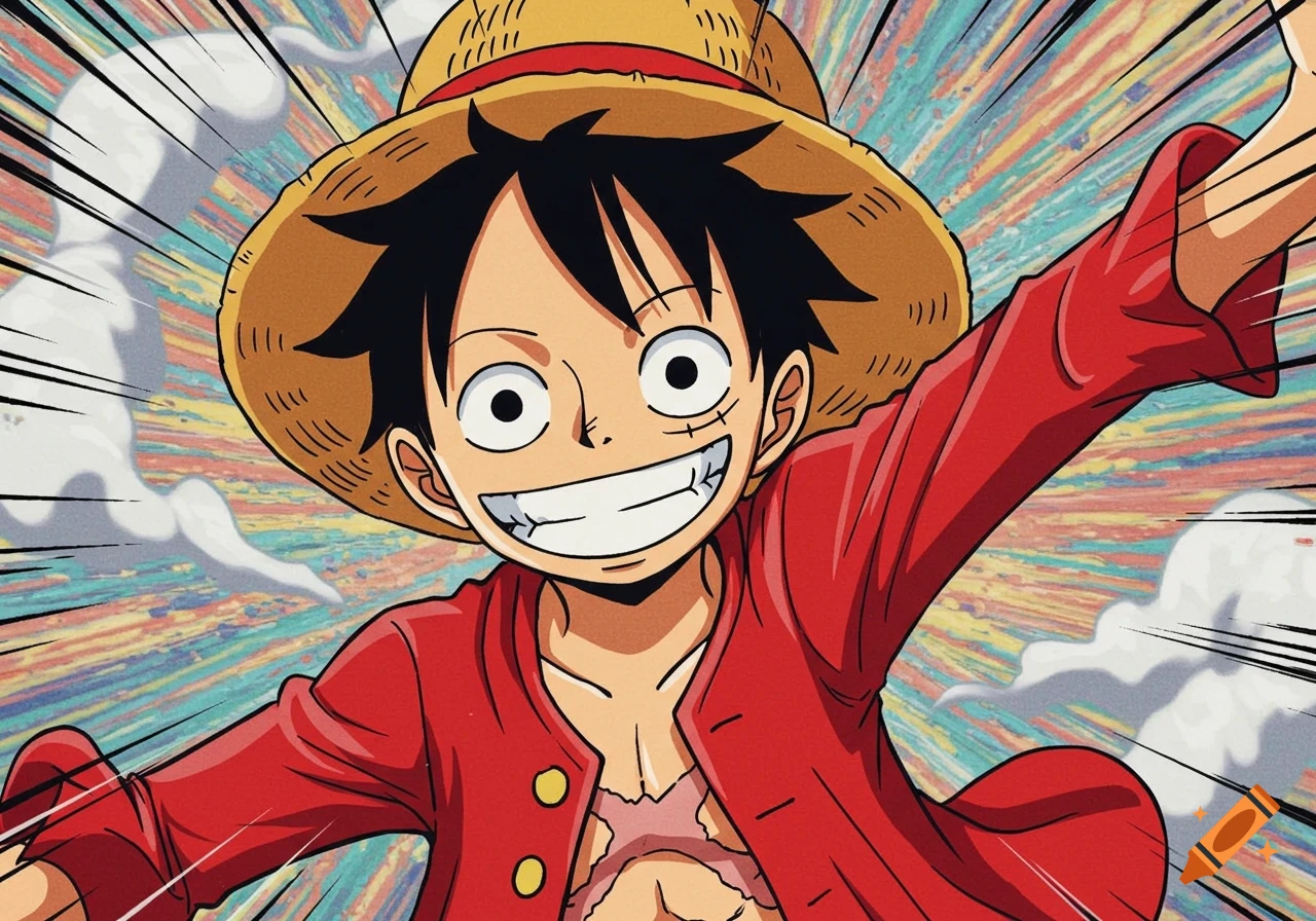 Luffy from One Piece in an anime style, smiling widely with outstretched arms against a vibrant, abstract background.