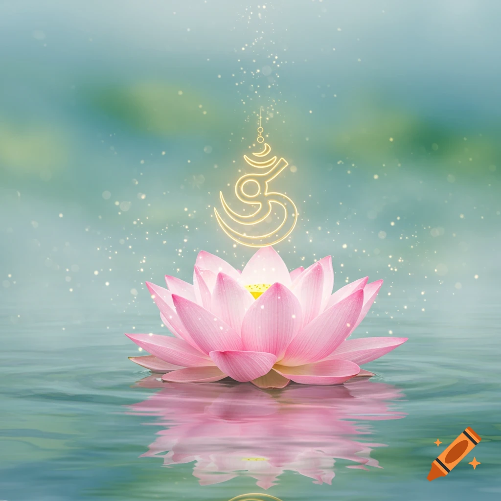 A pink lotus flower floats on calm water with a glowing golden unalome symbol and sparkles above it, against a teal background.