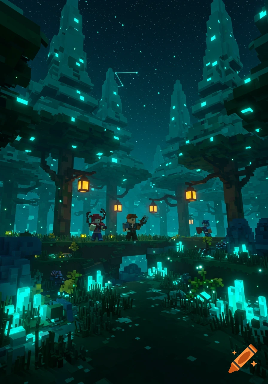 Two blocky characters with weapons stand on a bridge in a glowing, voxel art fantasy forest at night.