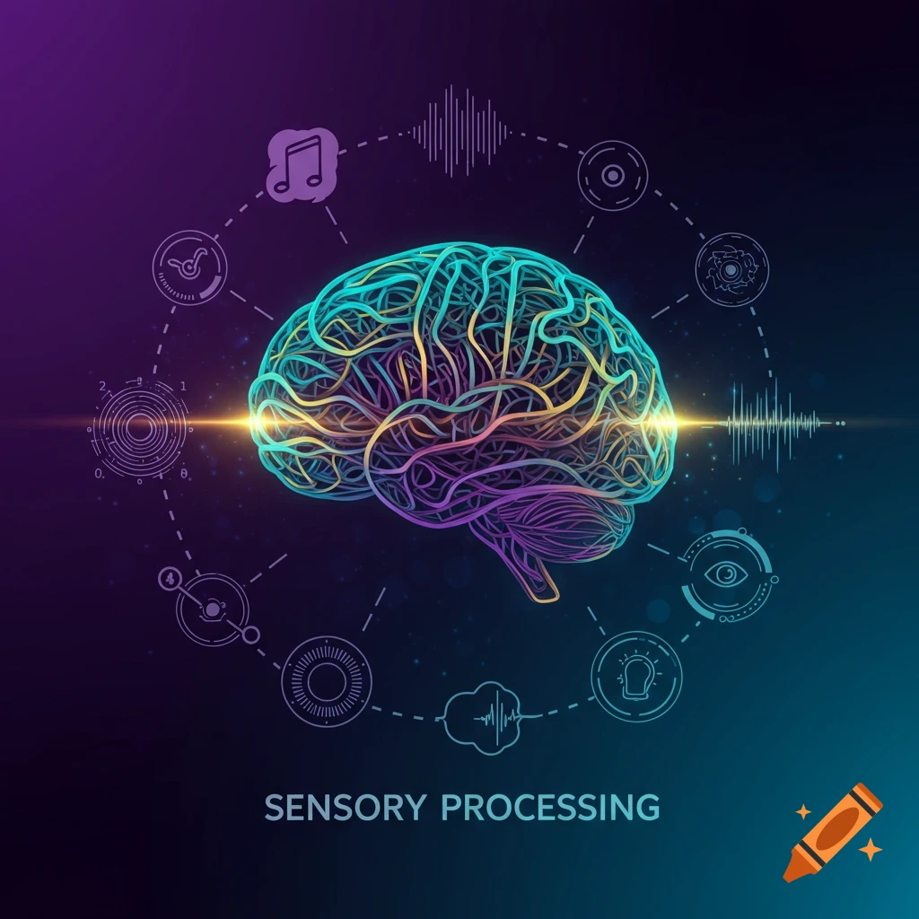 Stylized brain with interconnected sensory icons representing sensory processing, on a dark gradient background.