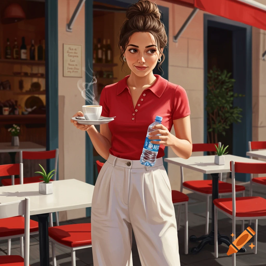 A young woman in a red polo shirt and white pants stands in front of a cafe, holding a coffee cup and a water bottle.