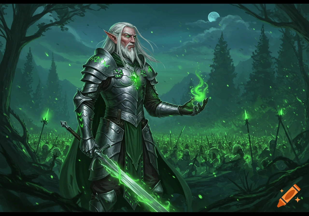 Grizzled white-haired elf warrior in glowing green and silver armor holds a luminous green sword and magic, leading an army in a dark fantasy forest.