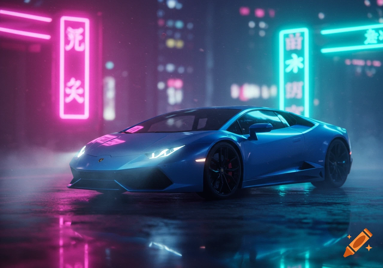 A blue Lamborghini parked on a wet street at night, illuminated by pink and blue neon signs in a cyberpunk city.