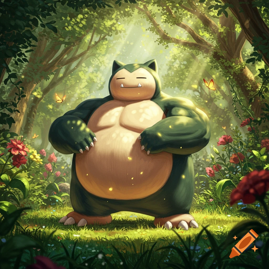 A buff Snorlax stands smiling in a vibrant, sun-dappled forest clearing with wildflowers, in a digital illustration.