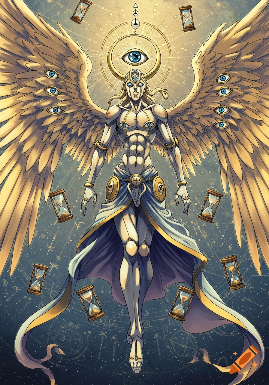 Anime-style angelic humanoid with multiple eyes, golden wings, floating hourglasses, and cosmic symbols.